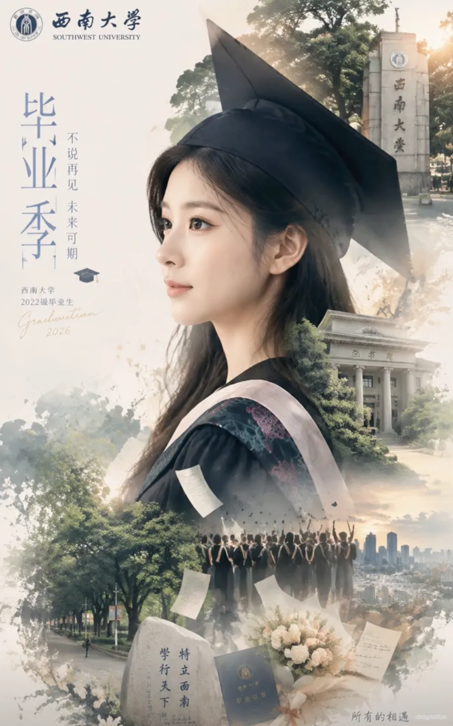 毕业双重曝光 · 高级纪念海报模板
